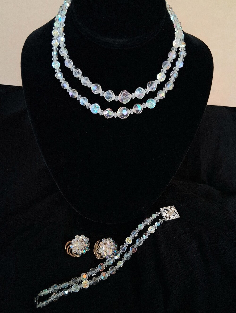 Vintage Aurora (AB) Crystal Bead Choker Necklace, Bracelet & Clip-On Earrings